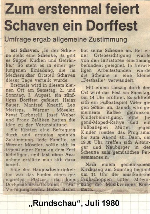 Zeitungsausschnitt aus der Rundschau vom Juli 1980 mit der Überschrift „Zum erstenmal feiert Schaven ein Dorffest“