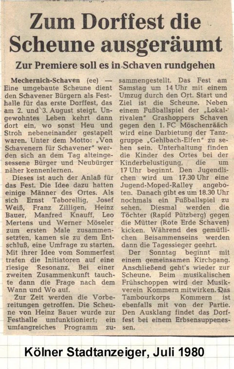Zeitungsausschnitt aus dem Kölner Stadt-Anzeiger vom Juli 1980 mit der Überschrift „Zum Dorffest die Scheune ausgeräumt“