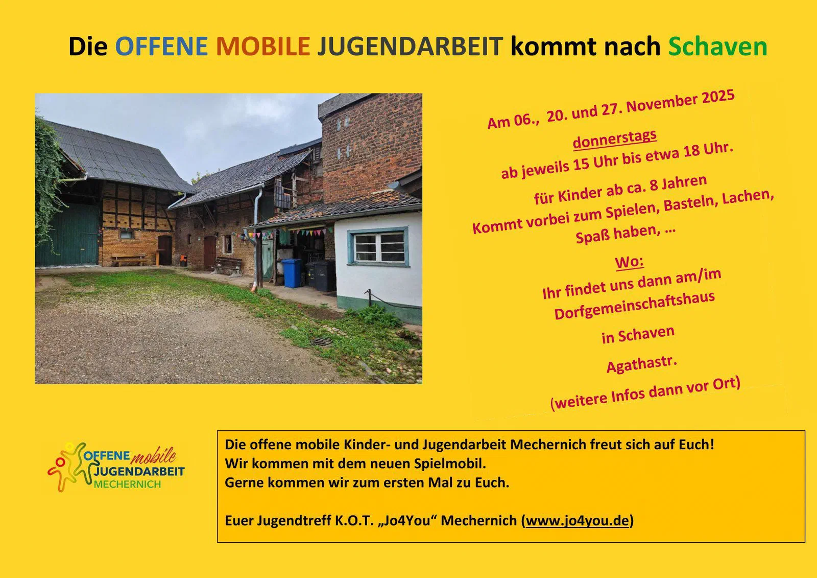 Flyer: Die Offene Mobile Jugendarbeit kommt am 6., 20. und 27. November 2025 nach Schaven, donnerstags von 15 bis etwa 18 Uhr am Dorfgemeinschaftshaus in der Agathastraße, für Kinder ab etwa 8 Jahren