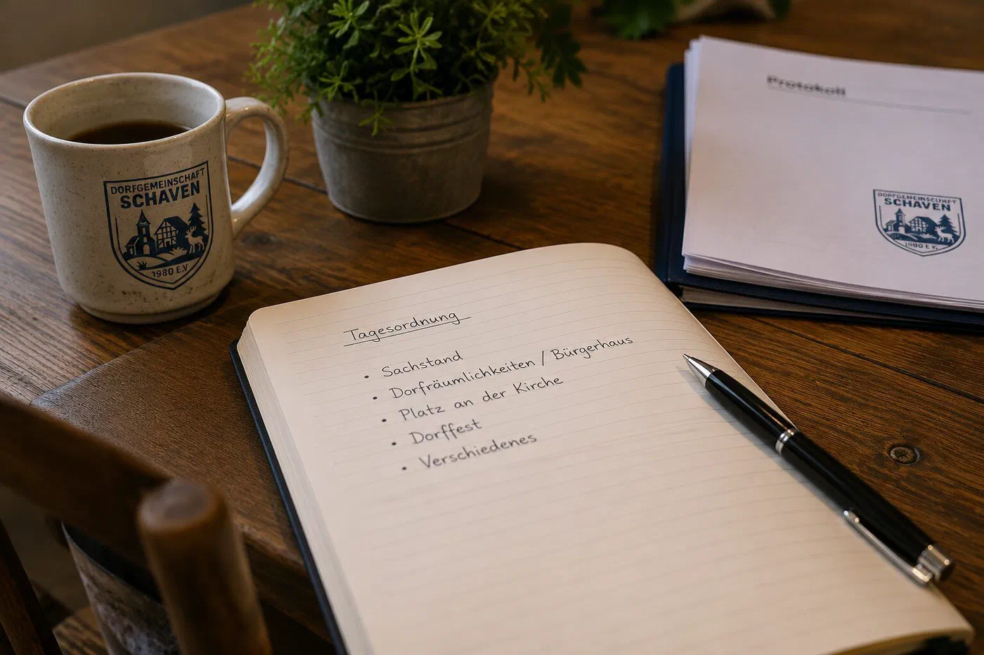 Notizbuch mit der Tagesordnung und eine Tasse mit Schavener Wappen auf einem Holztisch