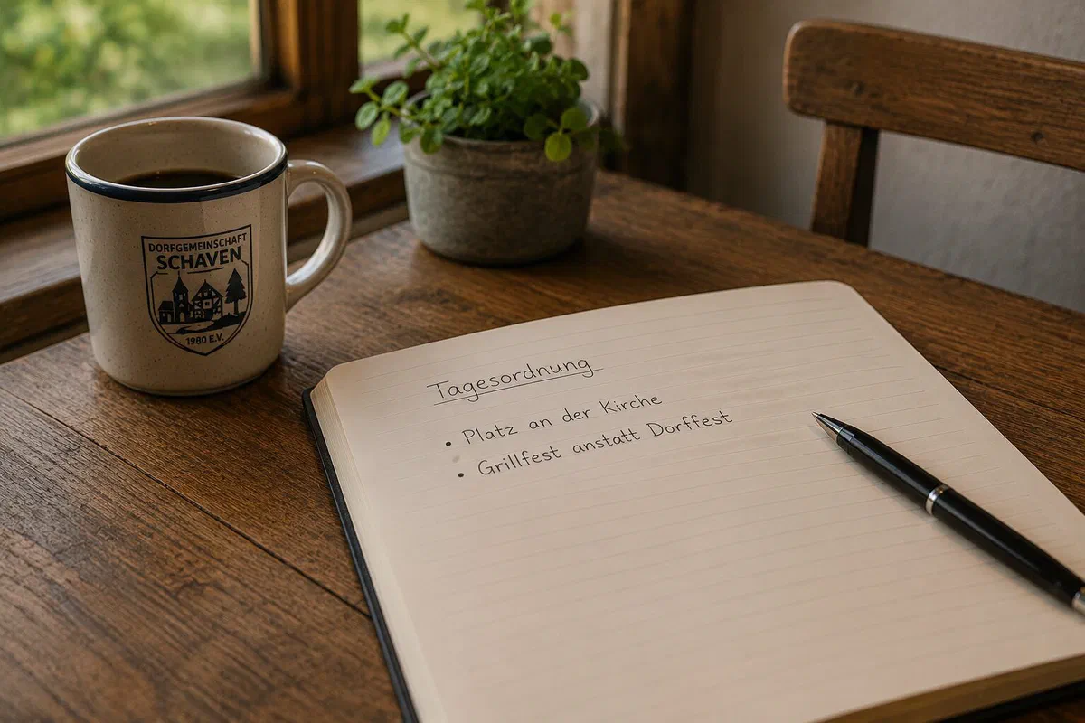 Notizbuch mit der Tagesordnung und eine Tasse mit Schavener Wappen auf einem Holztisch