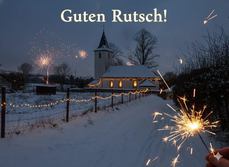Verschneite Kirche bei Nacht mit Feuerwerk und Wunderkerze, darüber der Schriftzug „Guten Rutsch!“