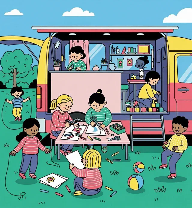Zeichnung: Kinder malen und spielen vor einem bunten Spielmobil